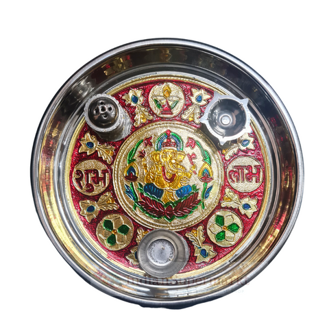 Shubh Labh Meenakari Pooja Thali Set - Ganesh - 26cm