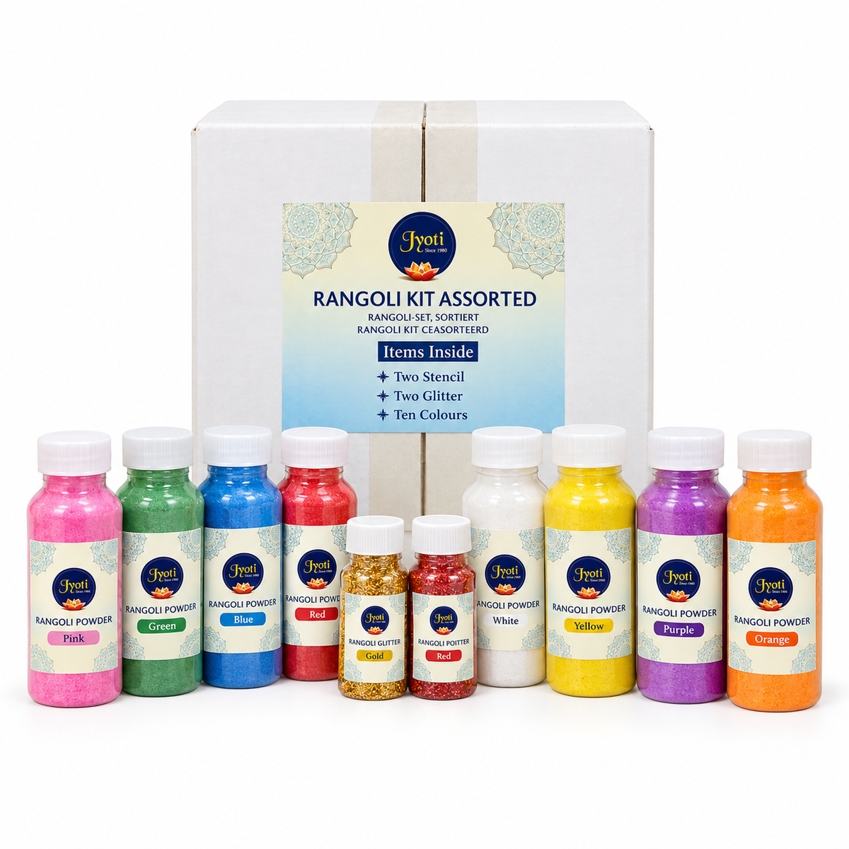 Rangoli Kit with 10 colours, 2 Stencil & 2 Gliter Powders