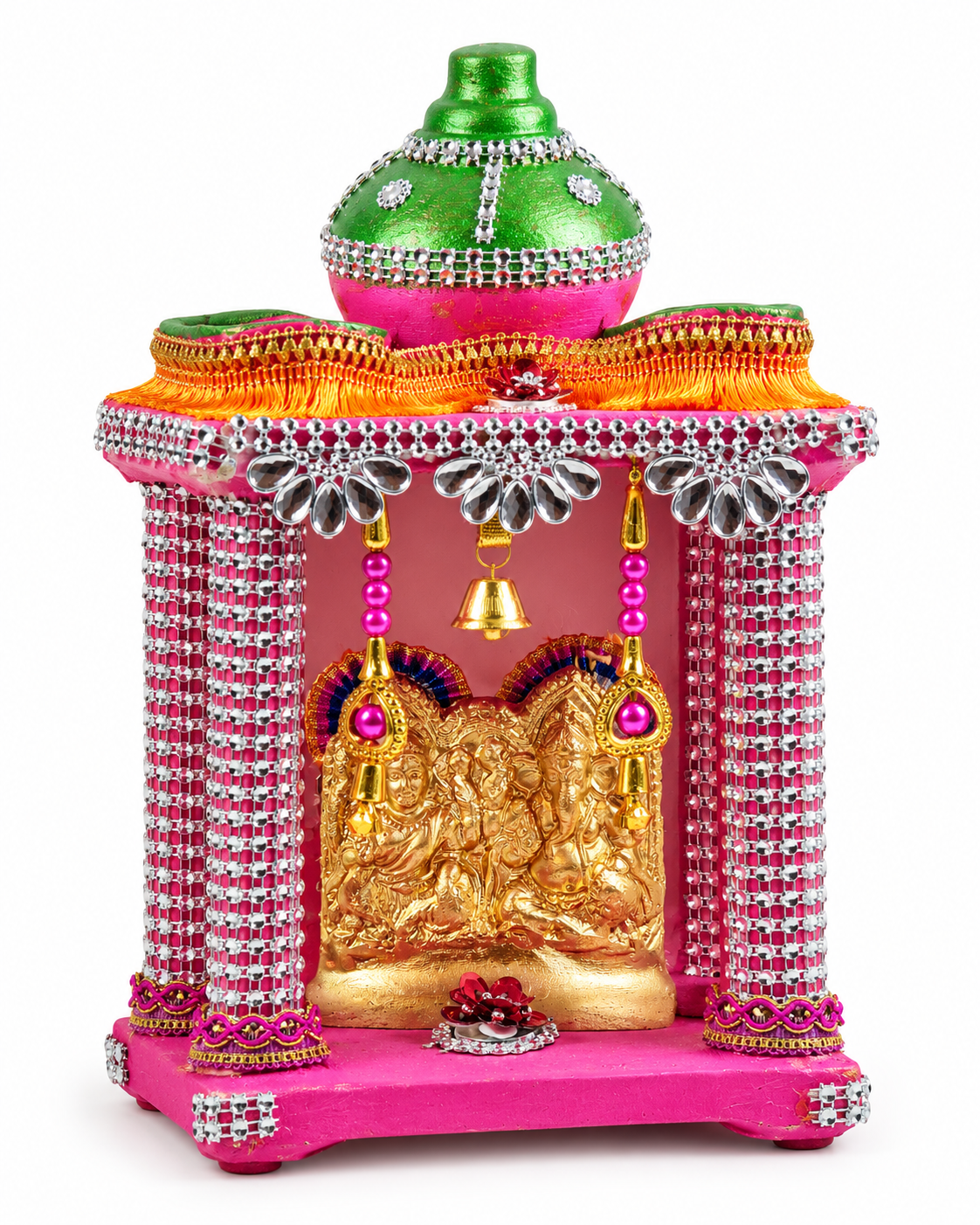 Royal Pink & Gold Lakshmi Ganesh Saraswati Hatri – Decorative Pooja Mandir