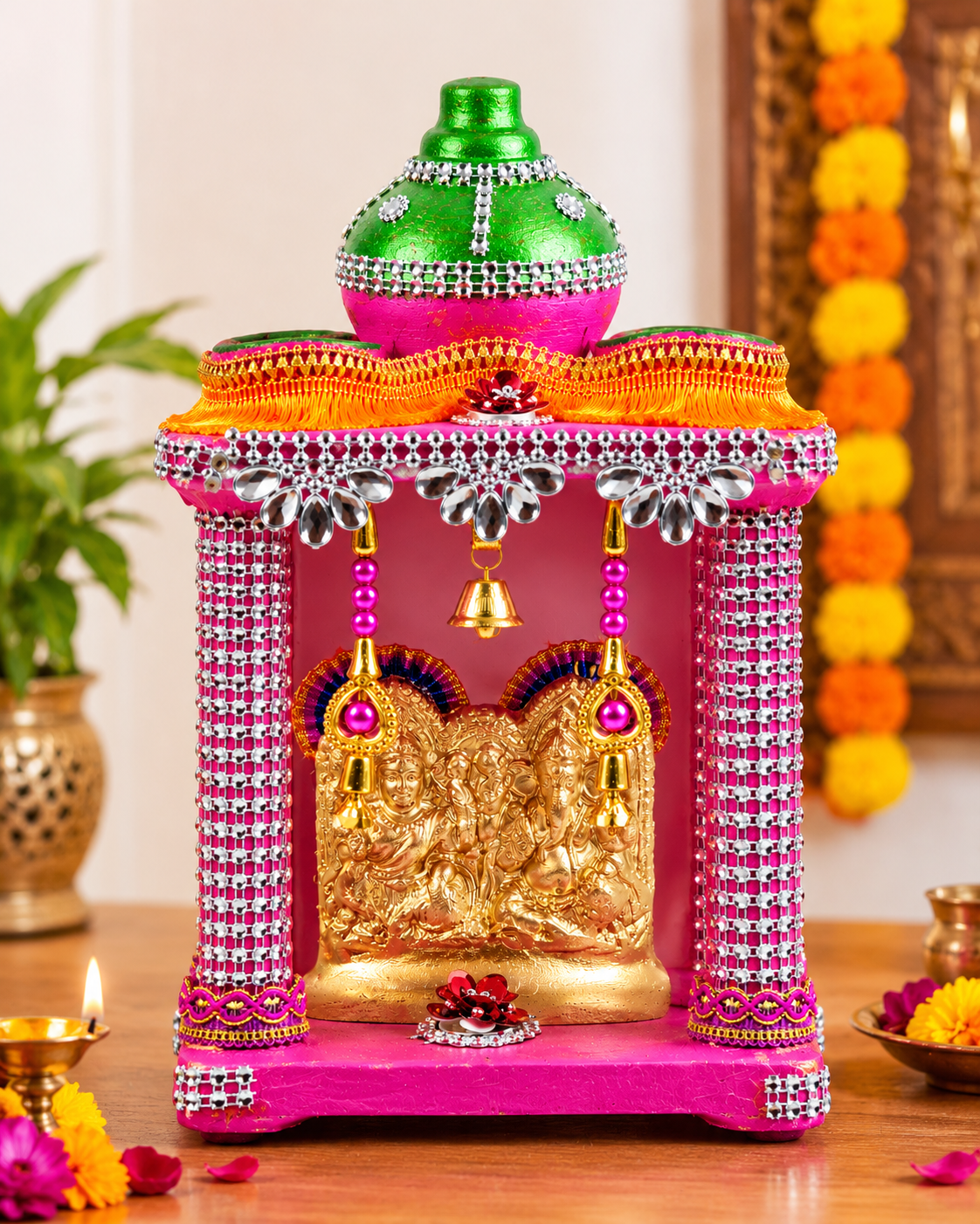 Royal Pink & Gold Lakshmi Ganesh Saraswati Hatri – Decorative Pooja Mandir