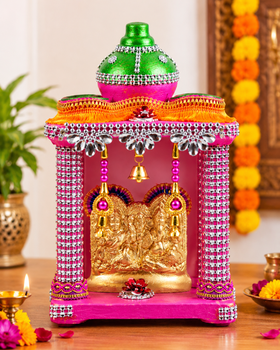 Royal Pink & Gold Lakshmi Ganesh Saraswati Hatri – Decorative Pooja Mandir