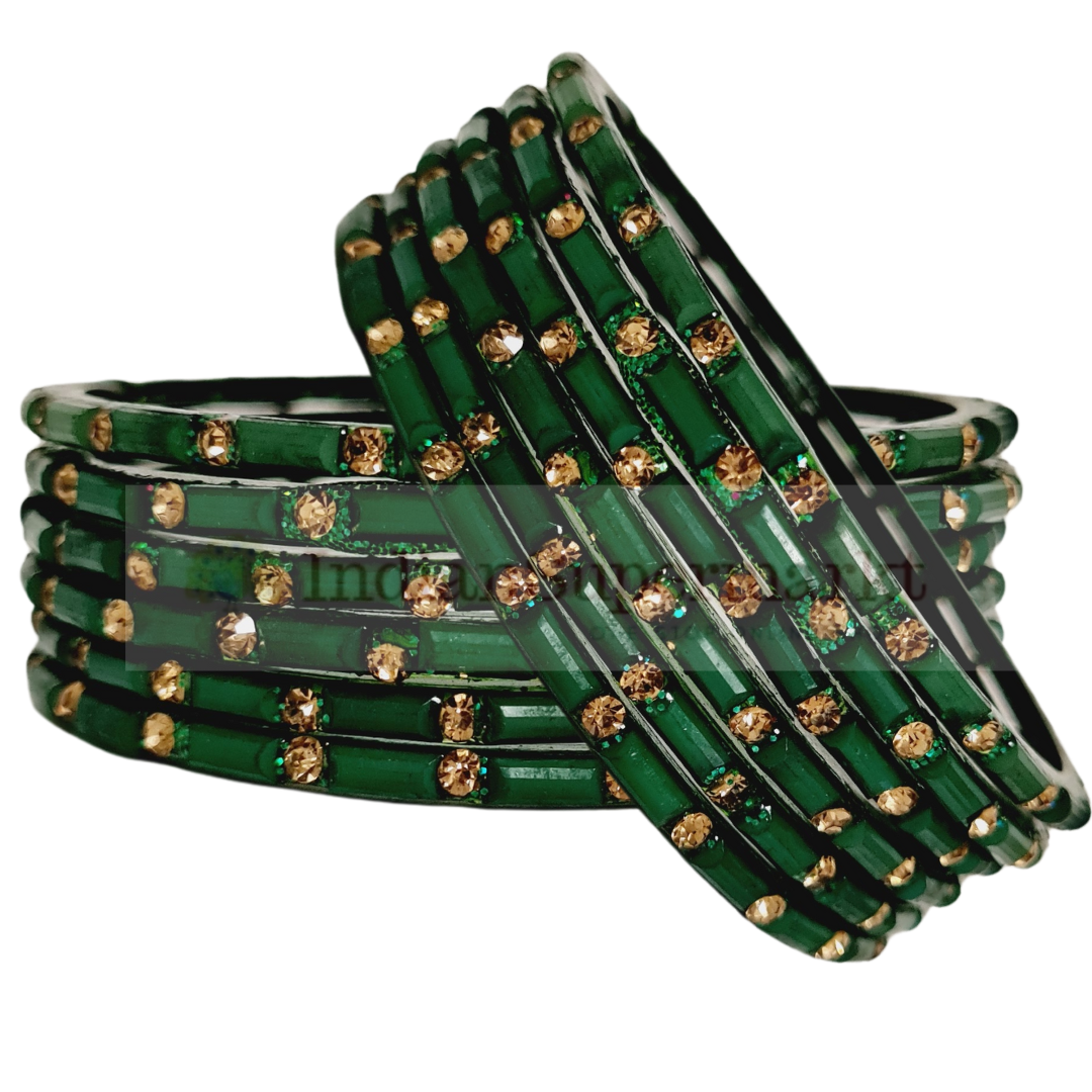 Fancy Green and Golden Gems Bangles 2.8 Size - 6Pc - IndianSupermarkt