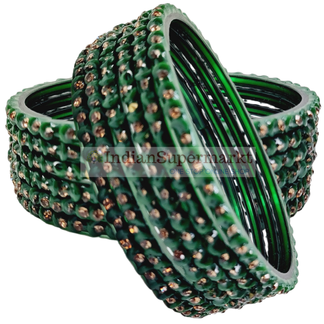 Fancy Green and Golden Gems Bangles 2.8 Size - 6Pc - IndianSupermarkt