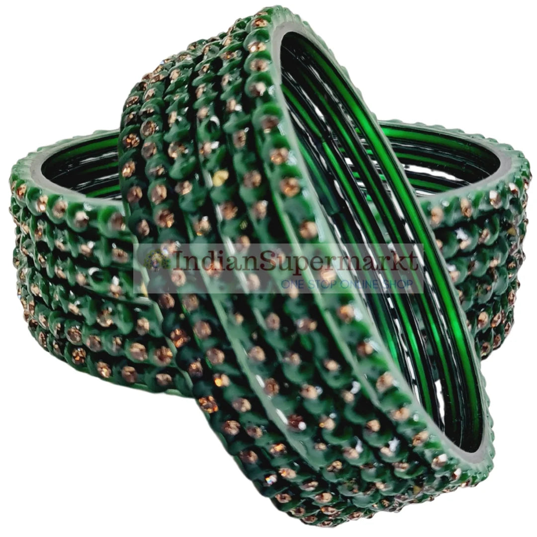 Fancy Green and Golden Gems Bangles 2.6 Size - 6Pc