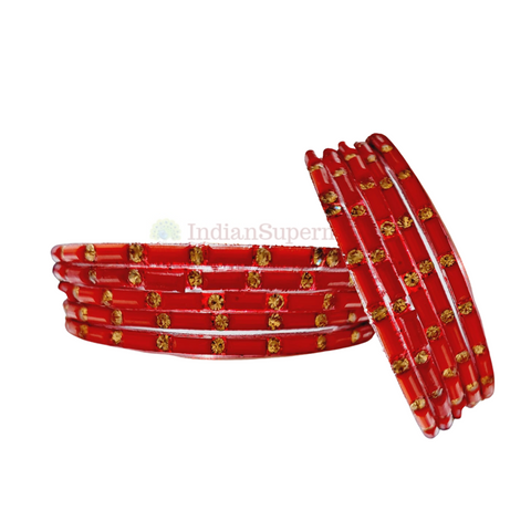 R P Fancy Red Bangles with Gems GST Lal 6 Pc