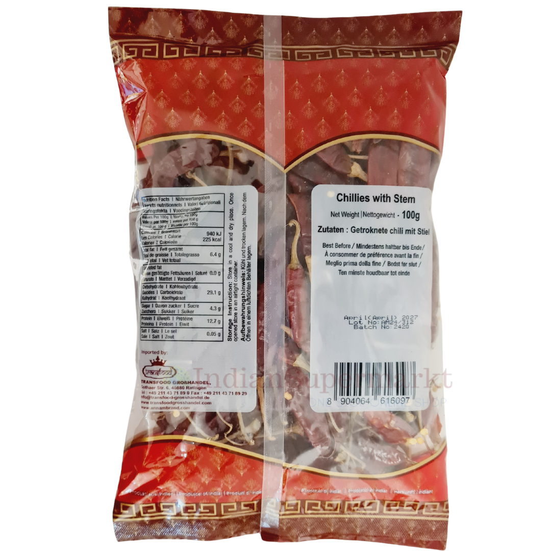 Annam Red Chillies Whole with Stem 100gm - IndianSupermarkt