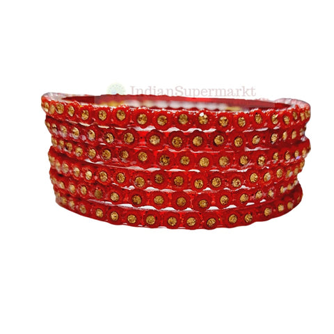 R P / Aggarwal Fancy Red Bangles with Gems 6 Pc