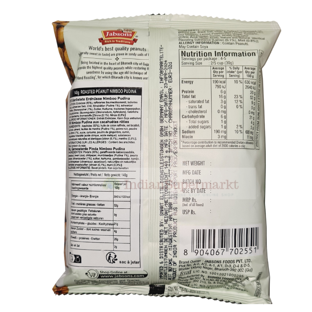 Jabsons Roasted Peanuts Nimbu N Pudina  140gm - IndianSupermarkt