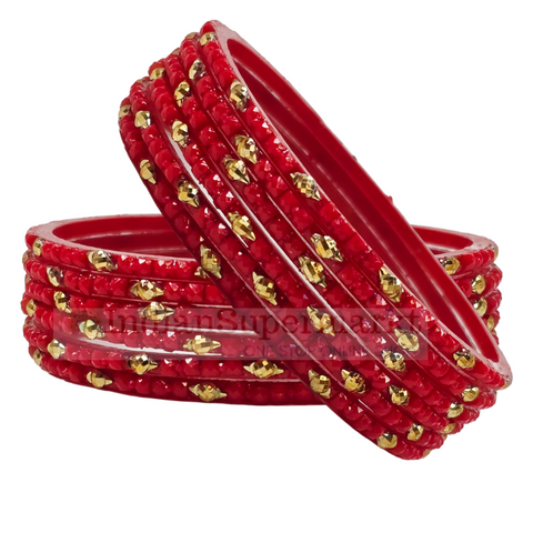 Fancy Glass  Bangles Red  6Pc