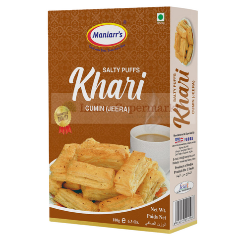 A box of Maniarr's Khari Puffs Jeera flavor - indiansupermarkt