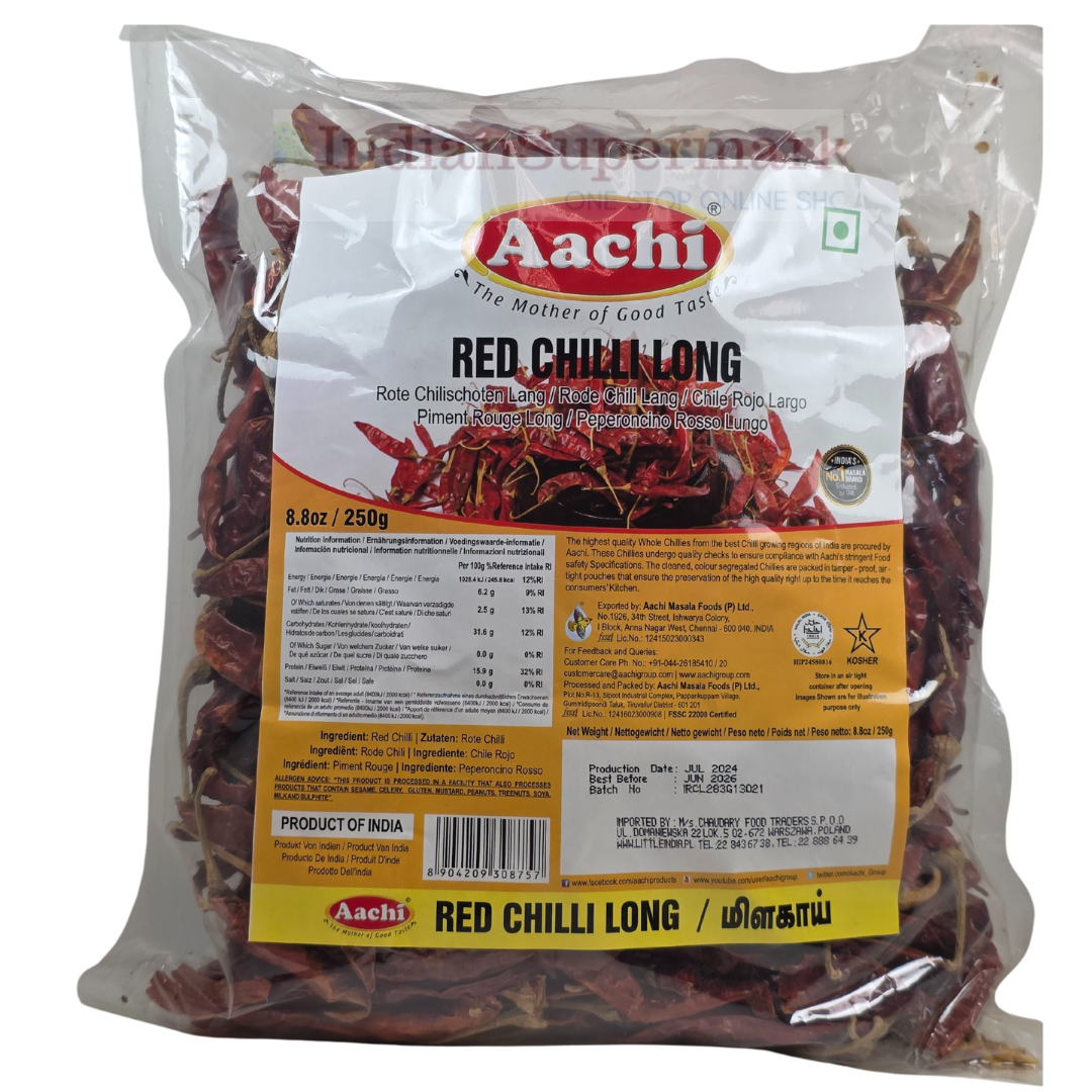 Aachi Red Chilli Whole Long  with Stem 250gm - IndianSupermarkt
