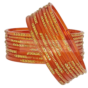 Fancy  Glass Bangles Orange  - 6pc