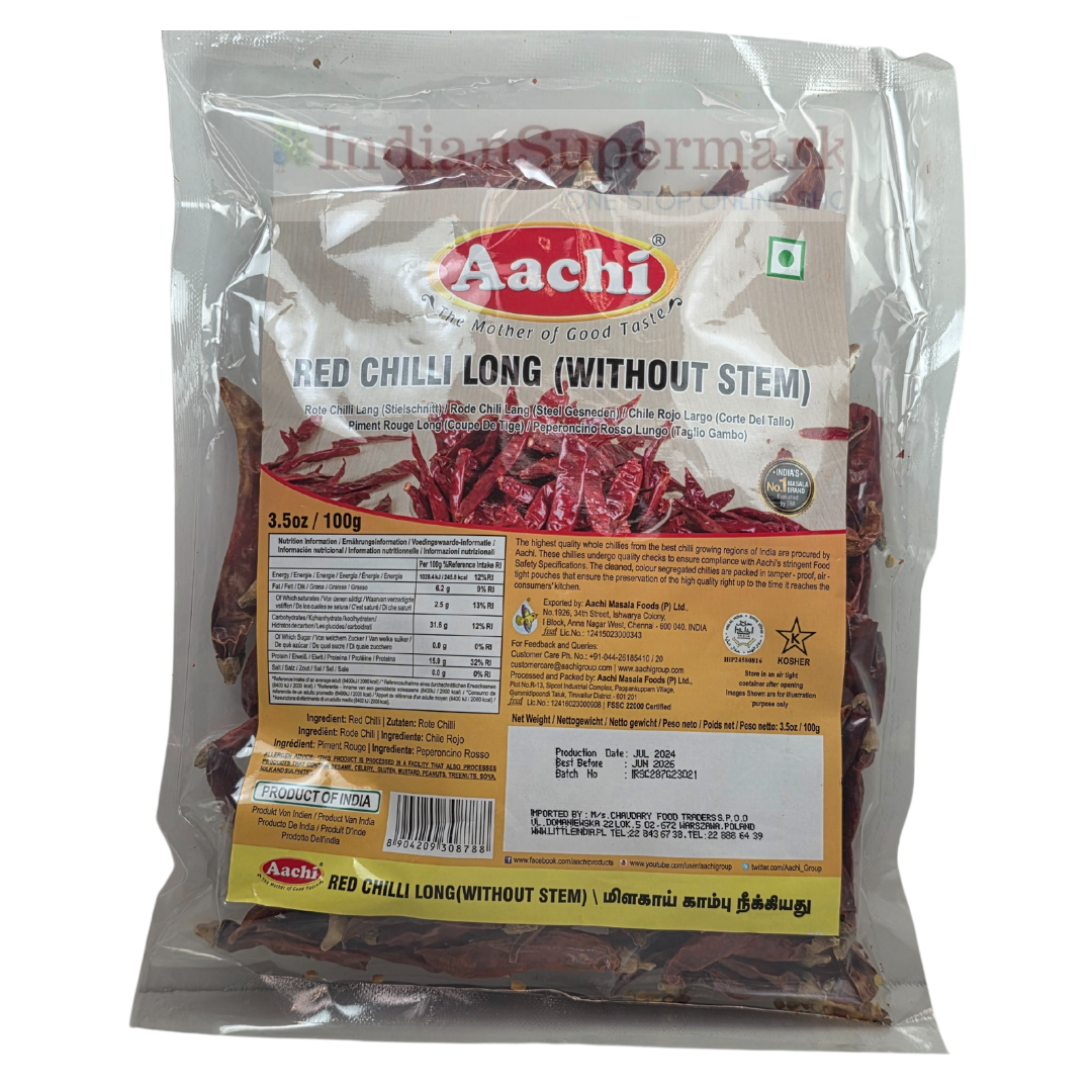 Aachi Red Chilli Whole Long  without Stem 100gm - IndianSupermarkt