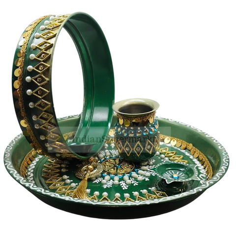 Karwachauth Thali Set with Diya on Channi - Green