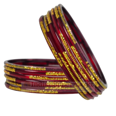 Fancy Glass  Bangles Maroon 6Pc