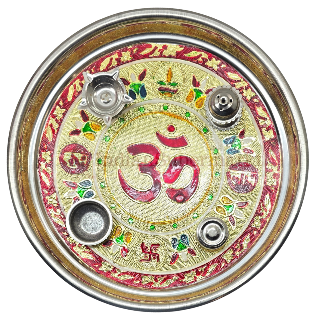 Shubh Labh Meenakari Pooja Thali Set - OM - 26cm