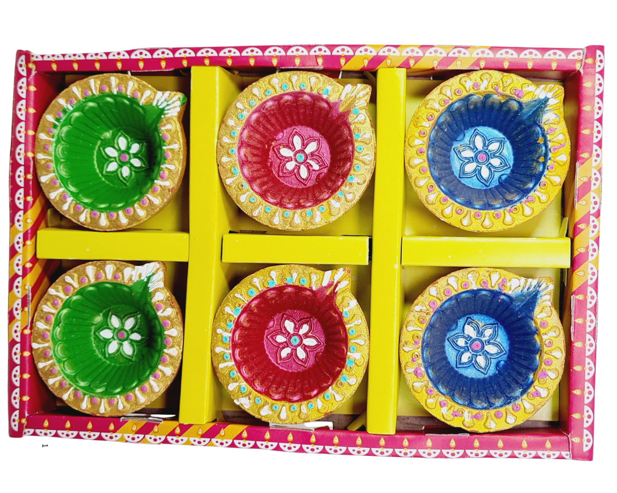 Clay Diya or  Mitti Diya Mix Colour - Set of 6