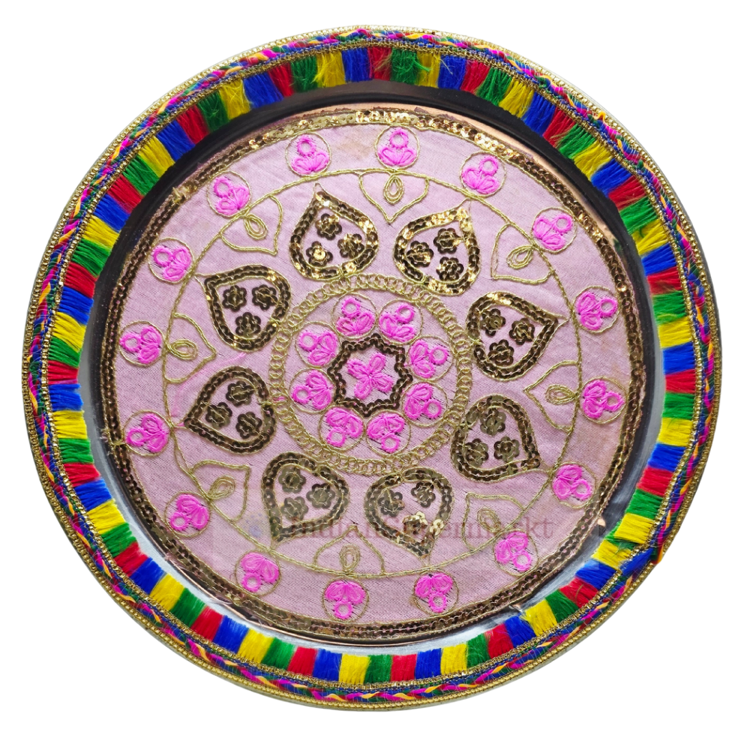 Pink Karwachauth Thali Zari work
