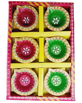 Clay Diya or  Mitti Diya Mix Colour - Set of 6