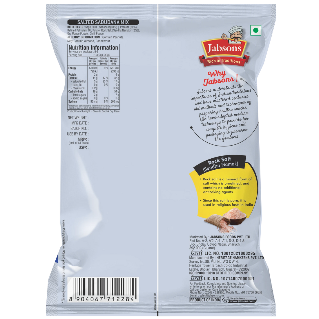 Jabsons Namkeen  Sabudana Mix  - Salty 180gm