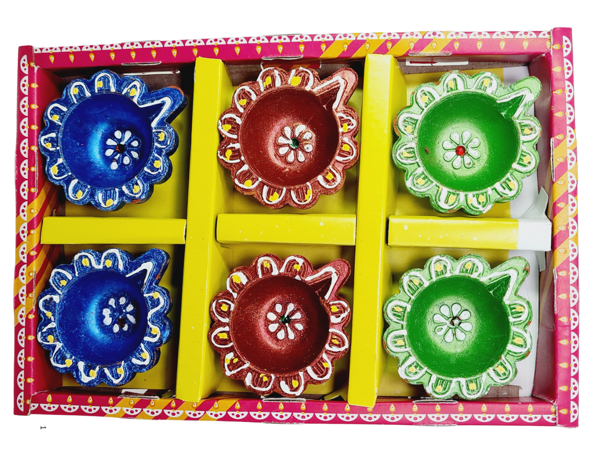Clay Diya or  Mitti Diya Mix Colour - Set of 6