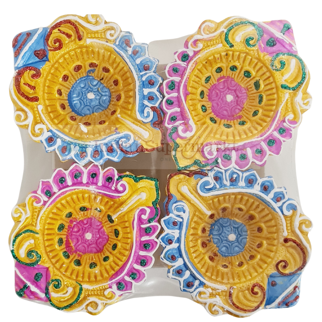 Decorated Clay Diya Set of 4 - Multicolour