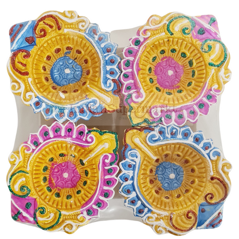 Decorated Clay Diya Set of 4 - Multicolour
