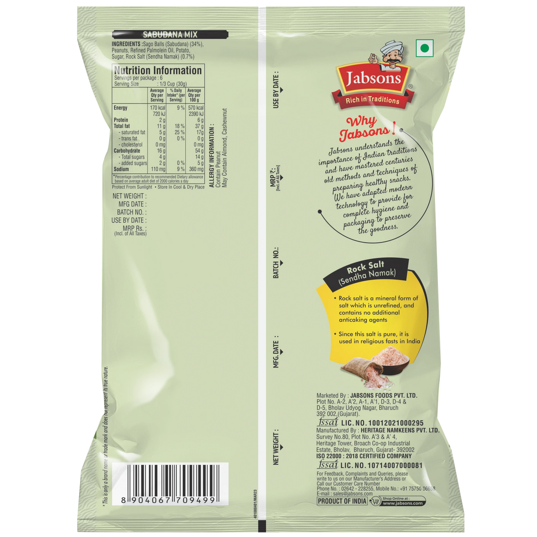 Jabsons Namkeen  Sabudana Mix  - Sweet & Salty 180gm