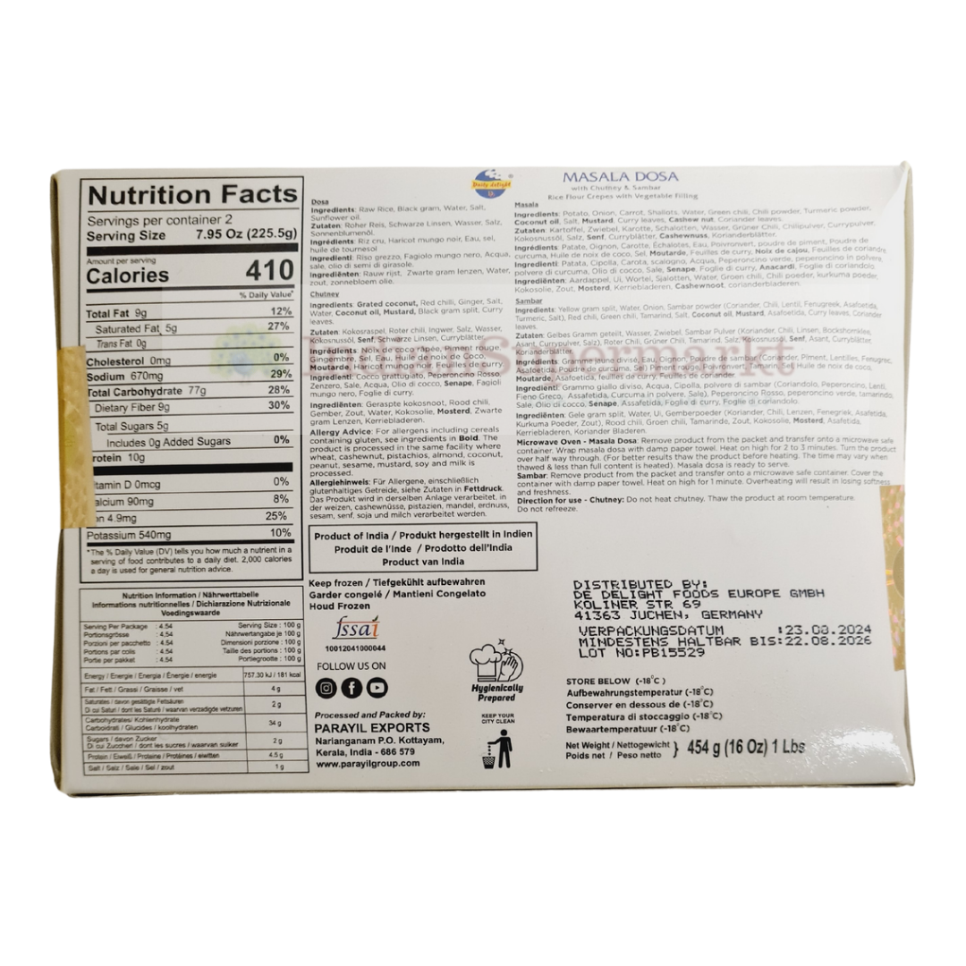 Daily Delight Frozen  Masala Dosa with Sambar & Chutney 454gm (Delivery in Berlin) - IndianSupermarkt